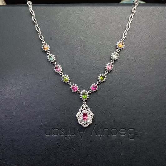 Natural Brazil Candy Rainbow Color Tourmaline Necklace Women