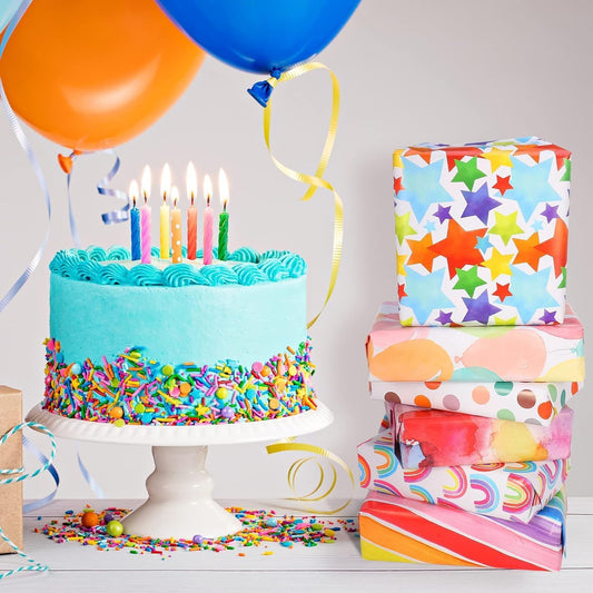 Vibrant 6-Piece Gift Wrapping Paper Set - Celebrate Every Occasion with Recyclable Birthday & Xmas Wrap, Complete with Ribbons, Stickers, and Tags!