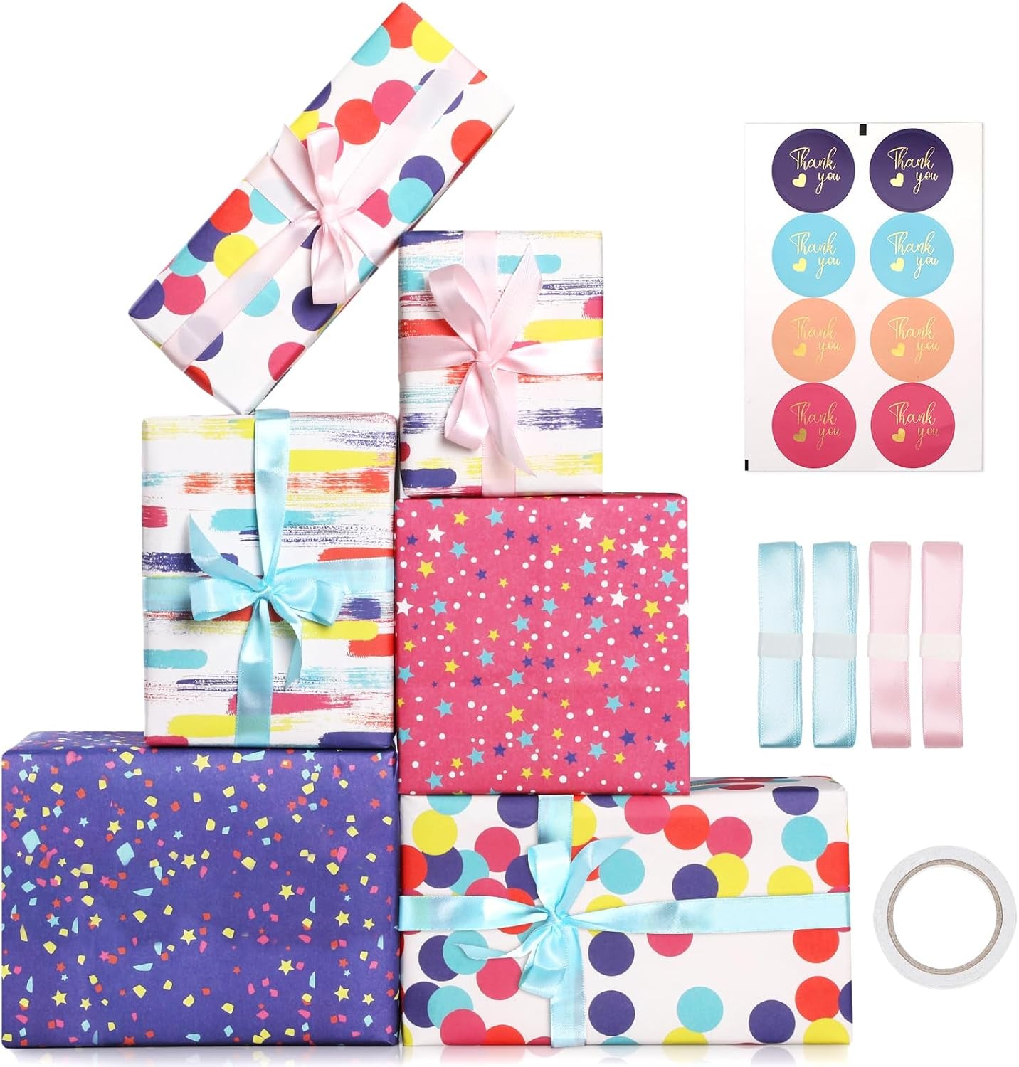 Charming 6-Sheet Gift Wrapping Paper Set with Stickers, Ribbons, and Tape - Perfect for All Occasions!