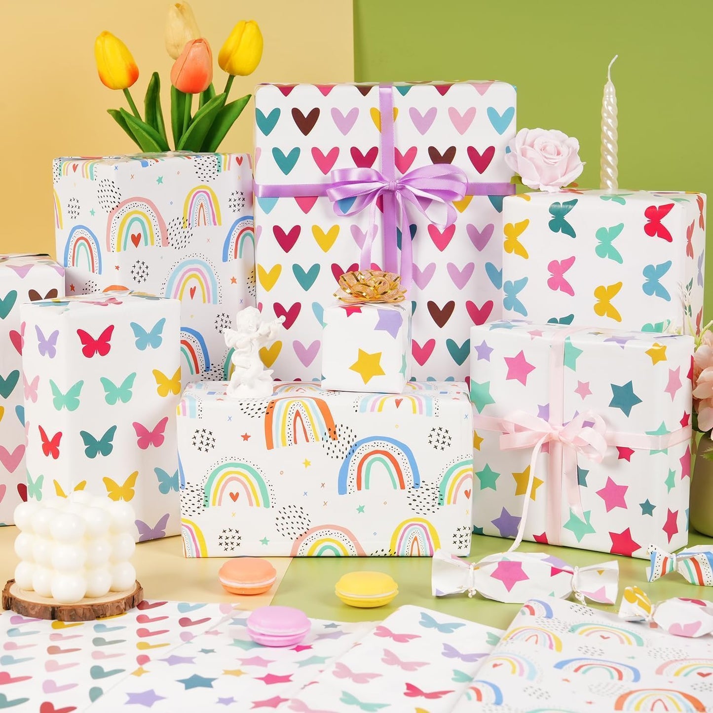 Vibrant 6-Piece Gift Wrapping Paper Set - Celebrate Every Occasion with Recyclable Birthday & Xmas Wrap, Complete with Ribbons, Stickers, and Tags!