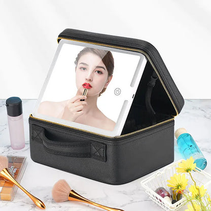 Smart LED Makeup Organizer with Mirror – Spacious Cosmetic Travel Case for the Modern Woman