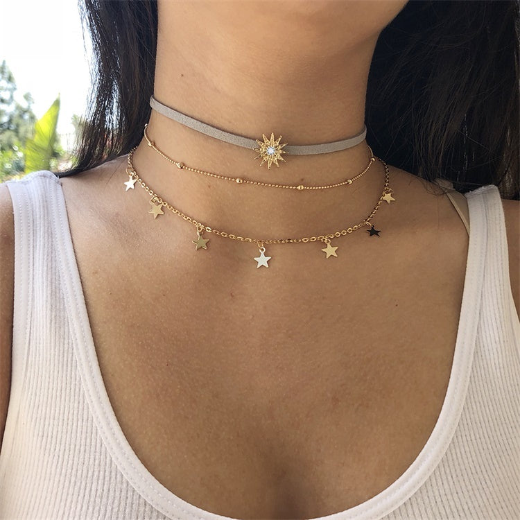 3PC/Set New Fashion TrendyJewelry Sun Star Tassel Choker Multi Layer Necklace Gift For Women Girl