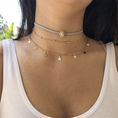 3PC/Set New Fashion TrendyJewelry Sun Star Tassel Choker Multi Layer Necklace Gift For Women Girl