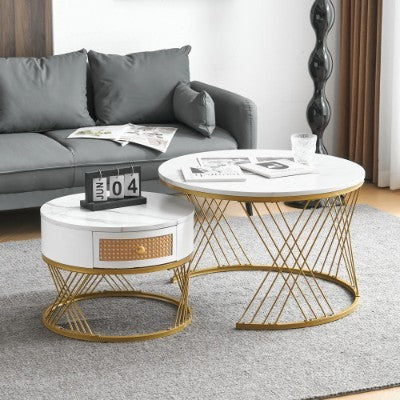 White Two-piece Coffee Table Set With Rattan Drawers, Gold Accents And Marble-style PVC Sticker Tabletop