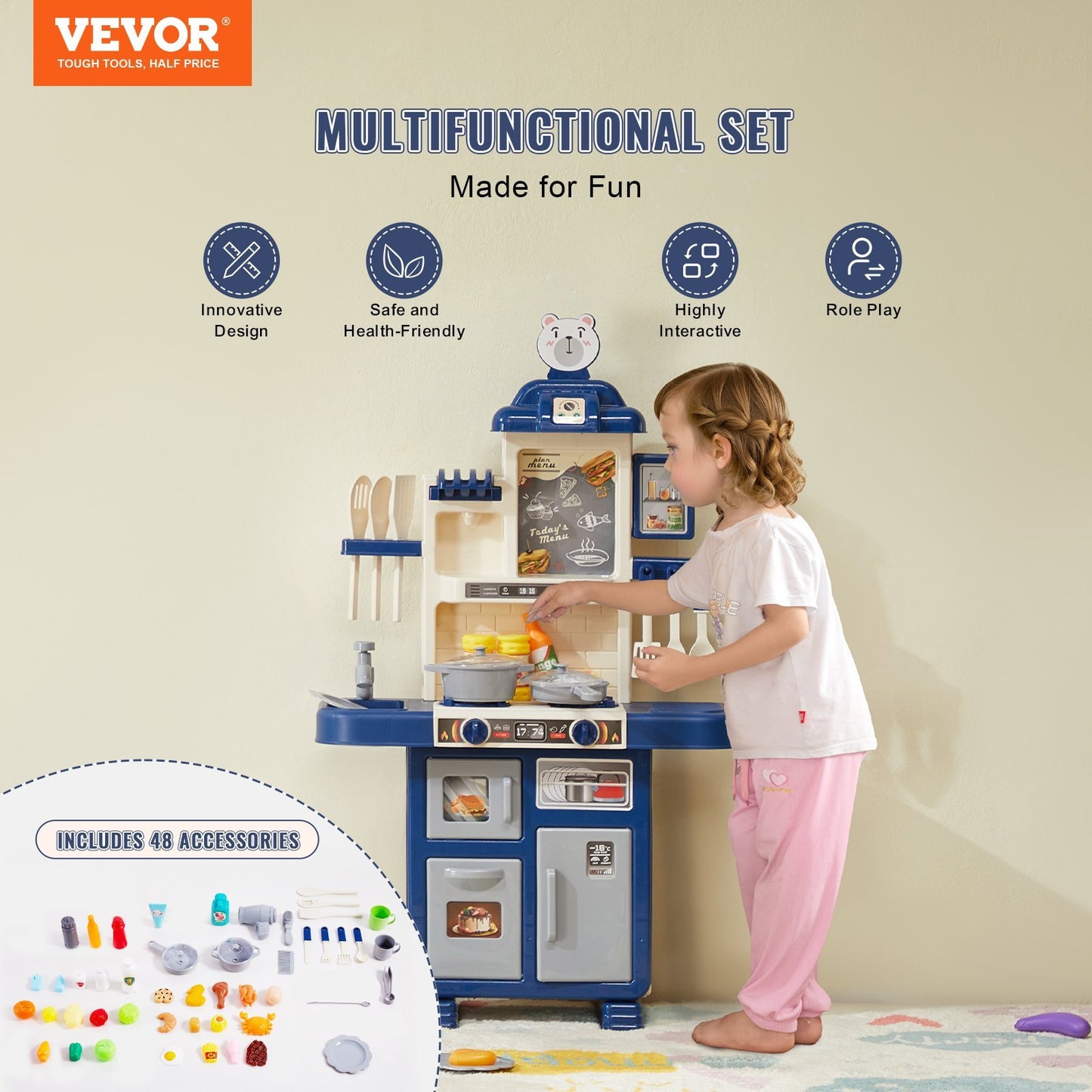 Christmas Gift VEVOR Kitchen Playset Kids Pretend Cooking Play Toy 48 Piece Accessories Blue