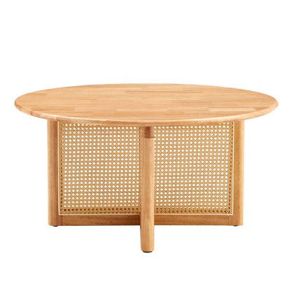 Naturally Elegant Wooden Coffee Table With Faux Rattan Accents - Perfect For Stylish Living Rooms And Cozy Tea Time