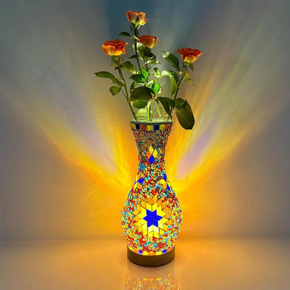 Handcrafted Turkish Mosaic Vase Lamp with Wooden Base - Moroccan Style Glass Table Lamp for Home Décor, USB Powered