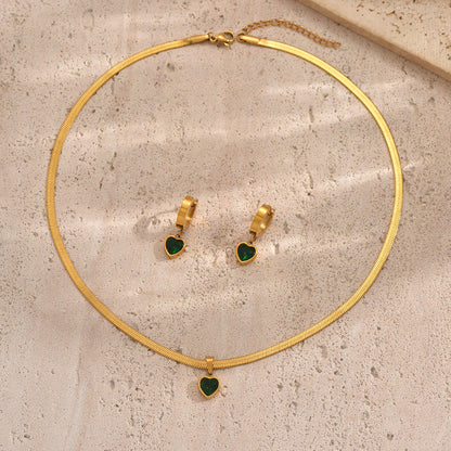 Lxalry 18K Gold Plated Stainless Steel Green Heart Jewelry Set For Women - Waterproof Hypoallergenic Elegant Necklace And Earrings Gift For Birthday Wedding Anniversary Christmas Daily Wear