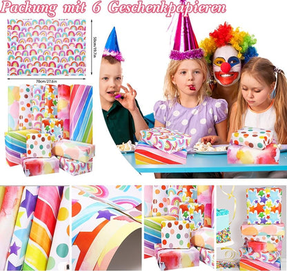 Vibrant 6-Piece Gift Wrapping Paper Set - Celebrate Every Occasion with Recyclable Birthday & Xmas Wrap, Complete with Ribbons, Stickers, and Tags!
