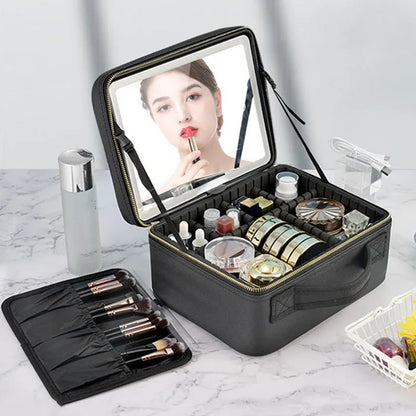 Smart LED Makeup Organizer with Mirror – Spacious Cosmetic Travel Case for the Modern Woman