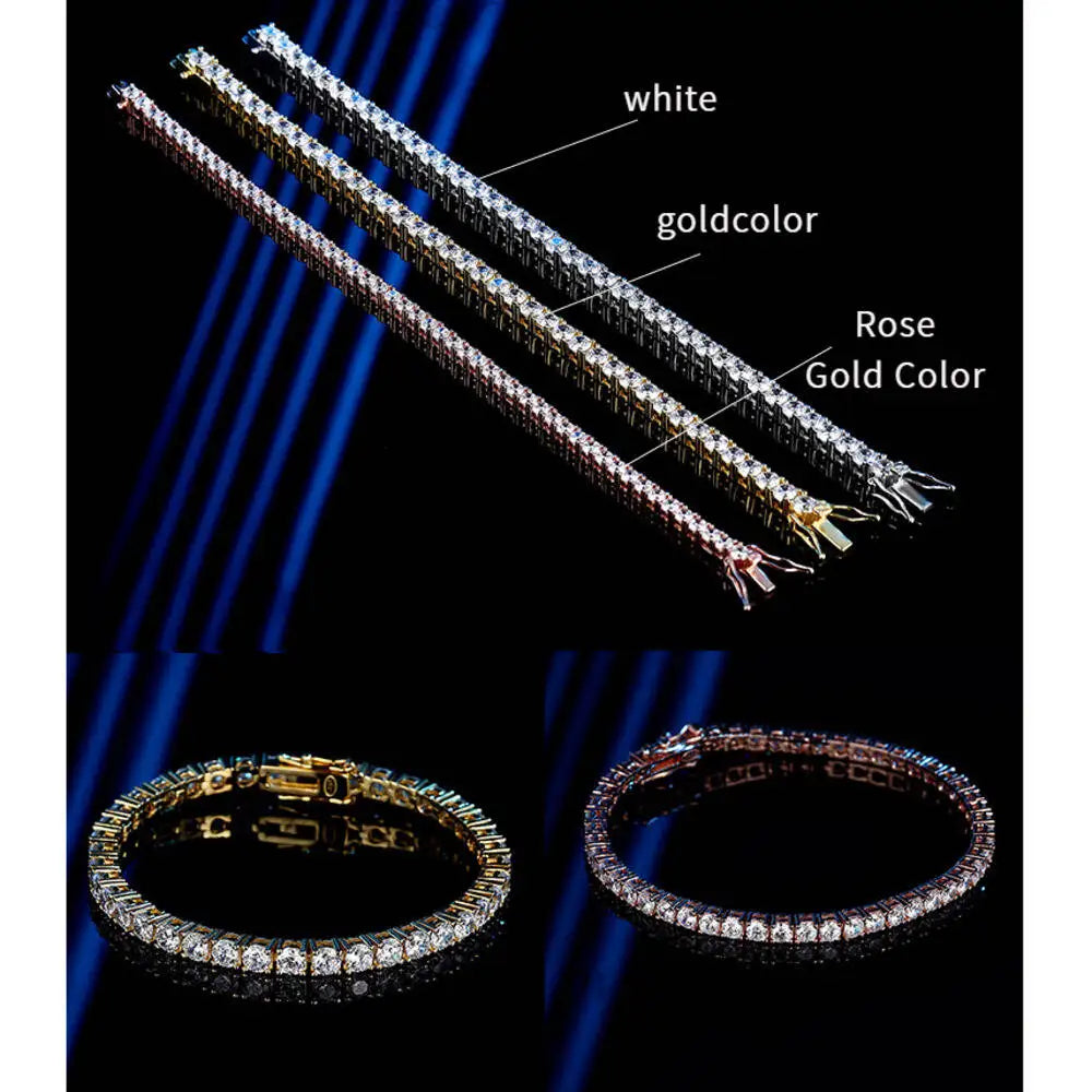 Moissanite Tennis Bracelet in 3mm and 4mm, Crafted in 925 Sterling Silver with Full Diamond Simulant Plating, Elegant Wedding and Party Jewelry for Men and Women