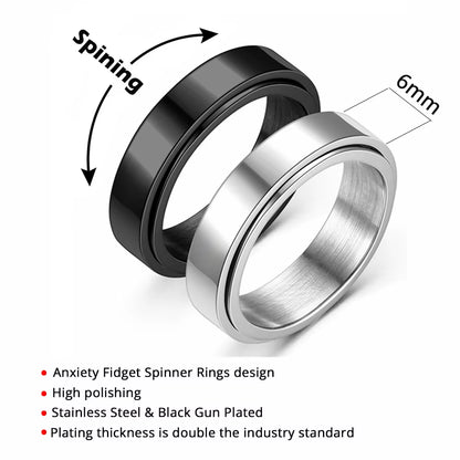 Stainless Steel Anxiety Fidget Spinner Ring - 6mm Smooth Rotating Jewelry for Men and Women, Stress Relief Gift