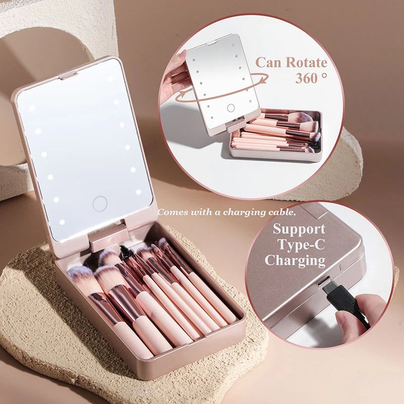 Transform Your Look with the Ultimate 14-Piece Makeup Brush Set Featuring a LED Lighted Travel Mirror!