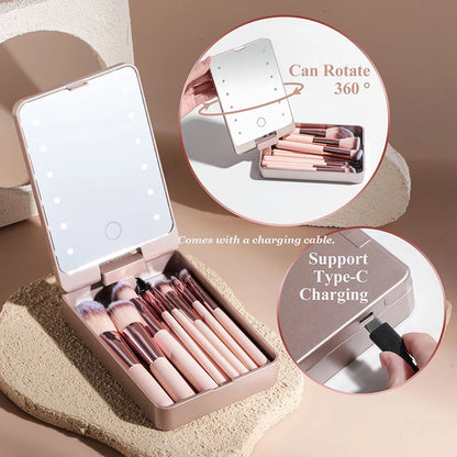 Transform Your Look with the Ultimate 14-Piece Makeup Brush Set Featuring a LED Lighted Travel Mirror!