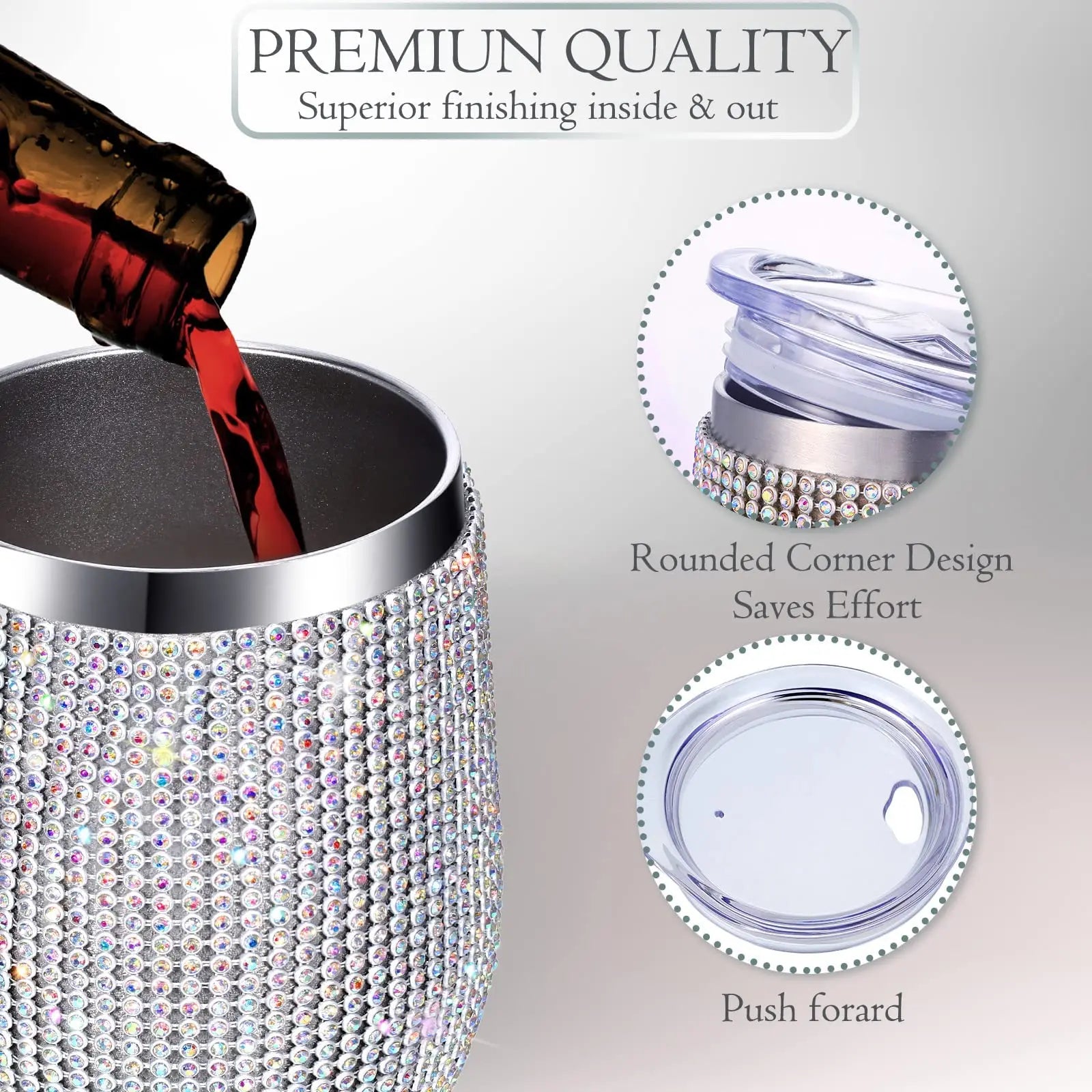 12Oz Diamond Wine Tumbler with Sealed Lid Vacuum Thermo Beer Mug Cup Stainless Steel Mug Cup Champagne Party Bridemaid Gift