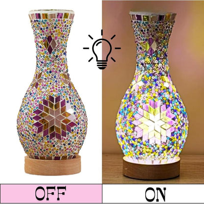 Handcrafted Turkish Mosaic Vase Lamp with Wooden Base - Moroccan Style Glass Table Lamp for Home Décor, USB Powered