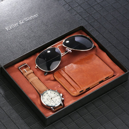 New Men's Quartz Watch Set Glasses Wallet Gift Set Box