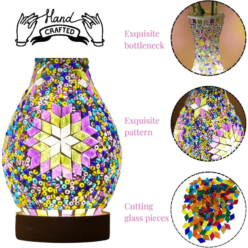 Handcrafted Turkish Mosaic Vase Lamp with Wooden Base - Moroccan Style Glass Table Lamp for Home Décor, USB Powered