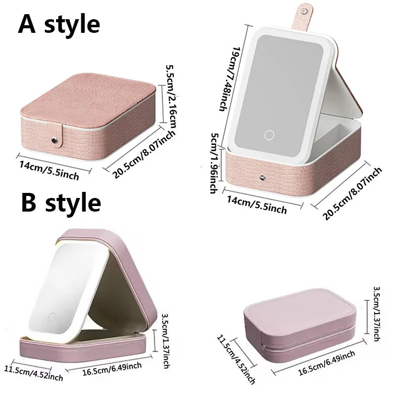 Makeup Bag with Mirror LED Travel Makeup Case Make up Bag Light up Mirror Adjustable 3 Color Rechargeable, Jewelry Box Organizer