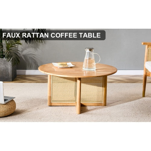 Naturally Elegant Wooden Coffee Table With Faux Rattan Accents - Perfect For Stylish Living Rooms And Cozy Tea Time