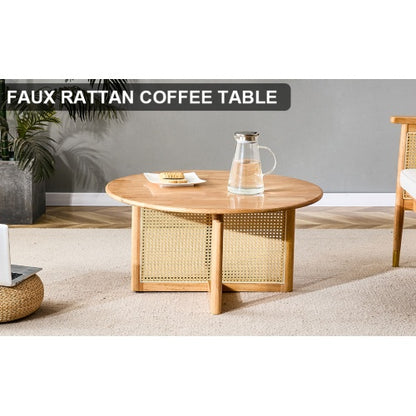 Naturally Elegant Wooden Coffee Table With Faux Rattan Accents - Perfect For Stylish Living Rooms And Cozy Tea Time