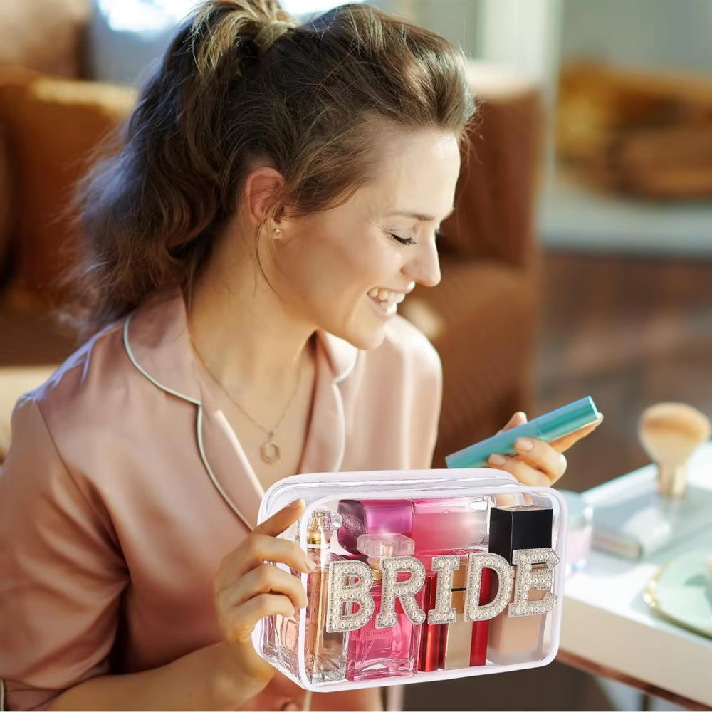 Chic 2024 Bride Pearl Rhinestone Letter Clear Makeup Bag - Perfect Gift for Weddings, Bridal Showers, and Engagements