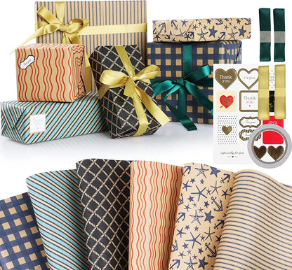 Charming 6-Sheet Gift Wrapping Paper Set with Stickers, Ribbons, and Tape - Perfect for All Occasions!