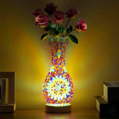 Handcrafted Turkish Mosaic Vase Lamp with Wooden Base - Moroccan Style Glass Table Lamp for Home Décor, USB Powered
