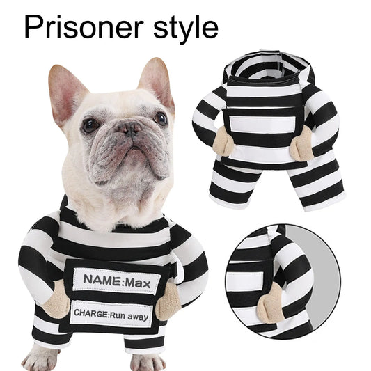 Funny Prisoner Dog Costume Halloween Pet Outfit Striped Jumpsuit for Dogs Party Dress up Cute Animal Costume with ID Tag