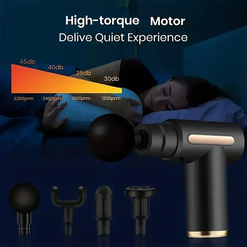 Portable USB Rechargeable 6-Speed Body Massage Gun with Adjustable Multifunctional Features for Muscle Recovery, Neck and Back Pain Relief, and Post-Workout Relaxation; Includes 4 Replaceable Heads and Ultra-Quiet Brushless Motor - Ideal Gift in Black