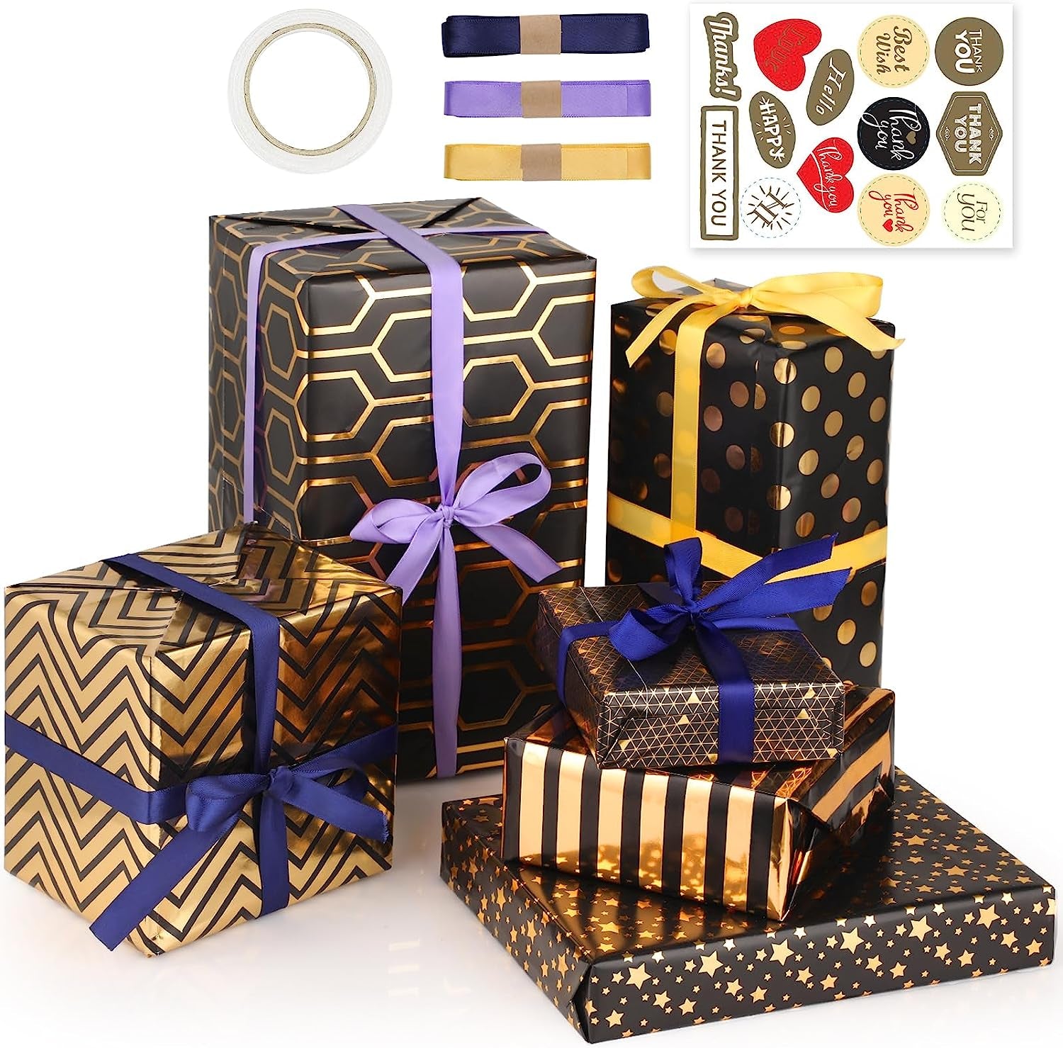 Elevate Your Gift-Giving with Our 6 Sheets Black & Gold Gift Wrapping Paper Set - Perfect for Every Occasion!