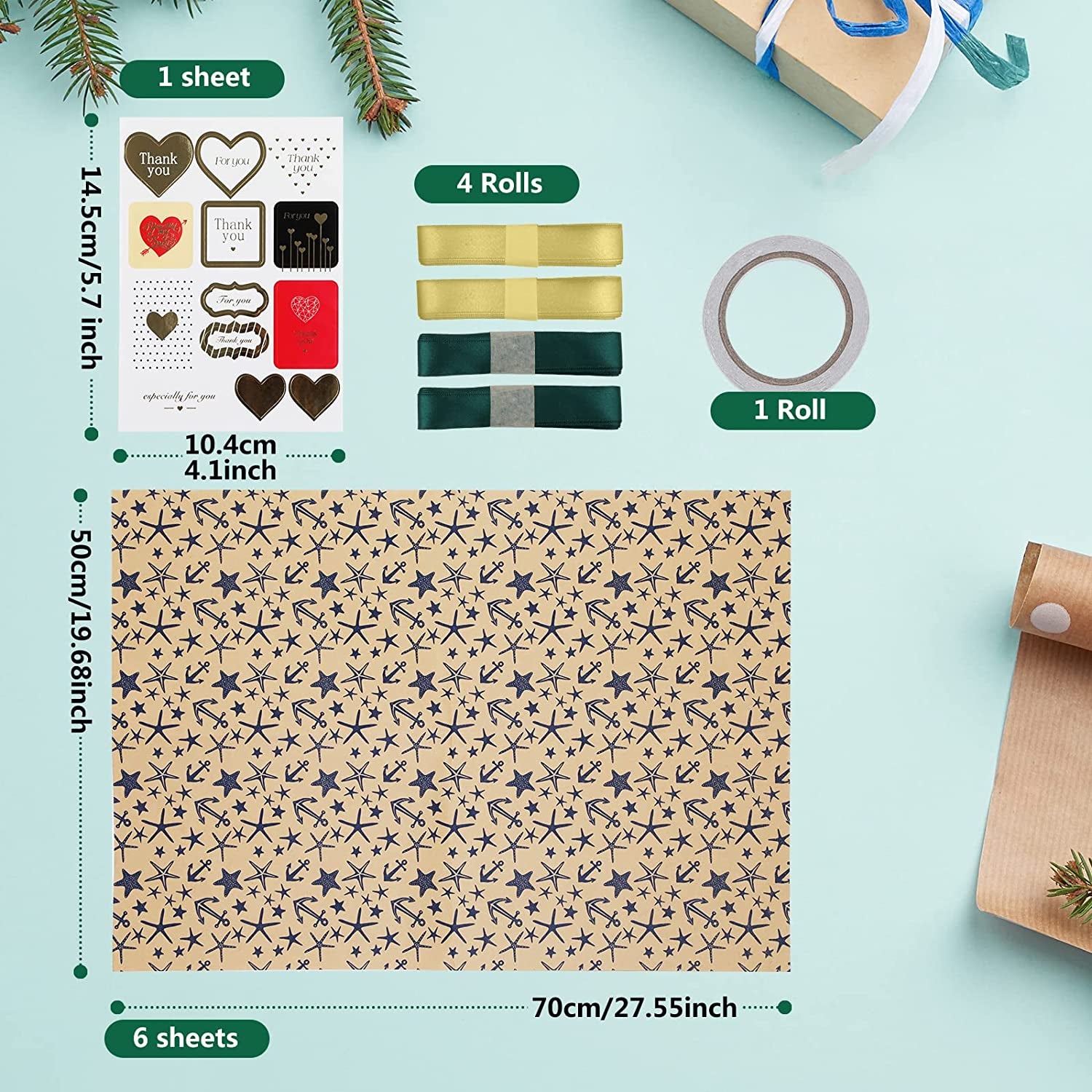 Charming 6-Sheet Gift Wrapping Paper Set with Stickers, Ribbons, and Tape - Perfect for All Occasions!