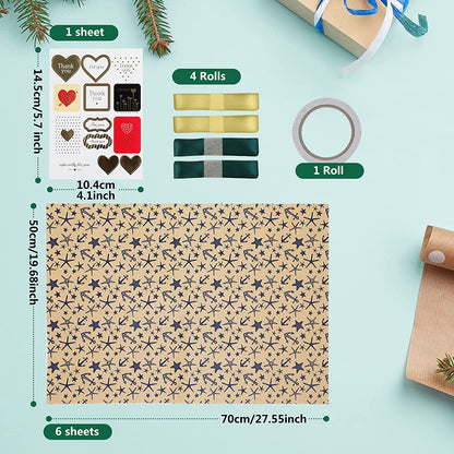 Charming 6-Sheet Gift Wrapping Paper Set with Stickers, Ribbons, and Tape - Perfect for All Occasions!