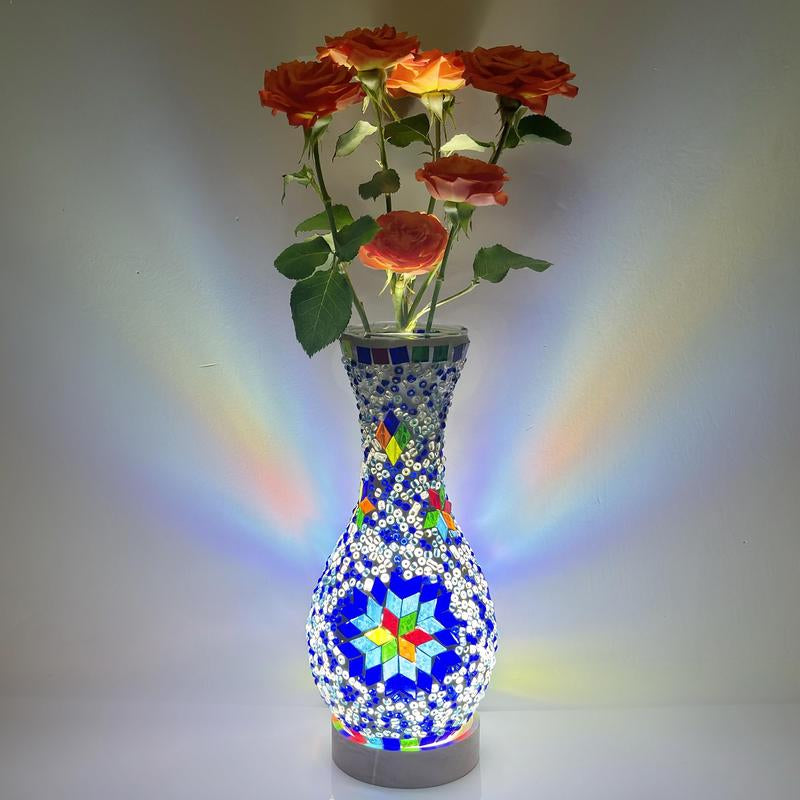Handcrafted Turkish Mosaic Vase Lamp with Wooden Base - Moroccan Style Glass Table Lamp for Home Décor, USB Powered