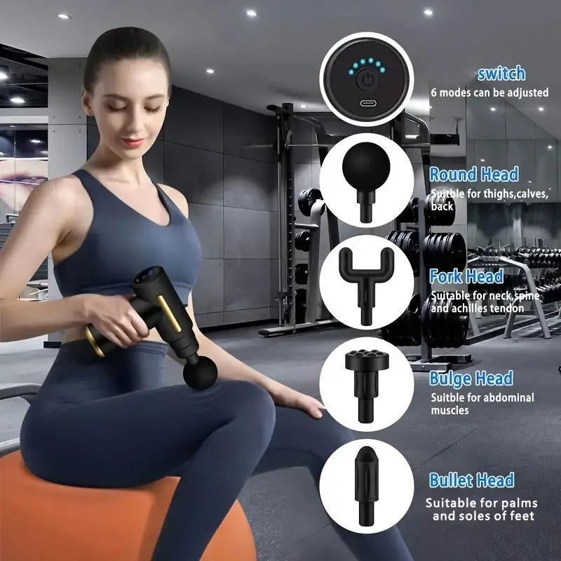 Portable USB Rechargeable 6-Speed Body Massage Gun with Adjustable Multifunctional Features for Muscle Recovery, Neck and Back Pain Relief, and Post-Workout Relaxation; Includes 4 Replaceable Heads and Ultra-Quiet Brushless Motor - Ideal Gift in Black