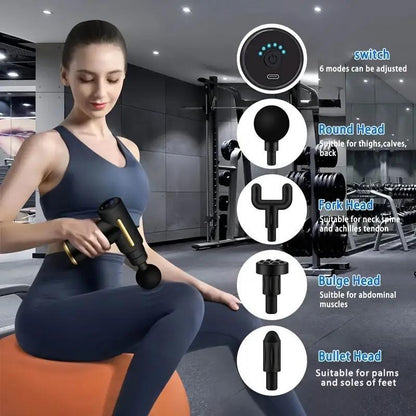 Portable USB Rechargeable 6-Speed Body Massage Gun with Adjustable Multifunctional Features for Muscle Recovery, Neck and Back Pain Relief, and Post-Workout Relaxation; Includes 4 Replaceable Heads and Ultra-Quiet Brushless Motor - Ideal Gift in Black