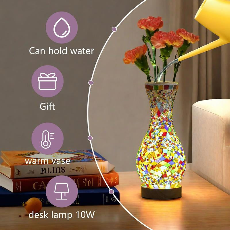 Handcrafted Turkish Mosaic Vase Lamp with Wooden Base - Moroccan Style Glass Table Lamp for Home Décor, USB Powered